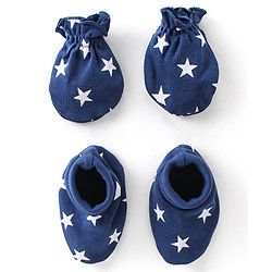 Babyhug 100% Cotton Knit Mittens & Booties Star Print - Blue