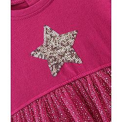 Babyhug 100% Cotton Full Sleeves Frock With Sequined Star & Glitter Print- Red