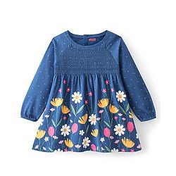Babyhug 100% Cotton Full Sleeves Frock With Floral Print- Navy Blue