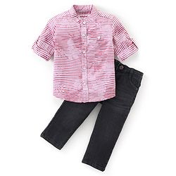 Babyhug Full Sleeves Jacquard Striped Shirt and Denim Jeans - Red & Black