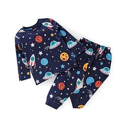 Babyhug Cotton Single Jersey Knit Full Sleeves Night Suit Space Print - Navy Blue
