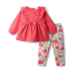 Babyhug 100% Cotton Full Sleeves Stiffly Top & Leggings With Floral Print - Red & White