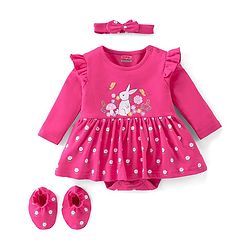 Babyhug 100% Cotton Full Sleeves Onesie with Hairband & Booties Bunny Print - Pink