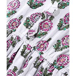 Babyhug 100% Cotton Woven Three Fourth Sleeves Floral Printed Ethnic Dress with Sequin Detailing on Yoke - White