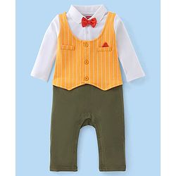 Babyhug Cotton Knit Full Sleeves Striped Party Romper with Bow Tie - Yellow & Green