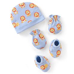 Babyhug 100% Cotton Knit Cap Mittens & Booties Set with Lion Print - Blue