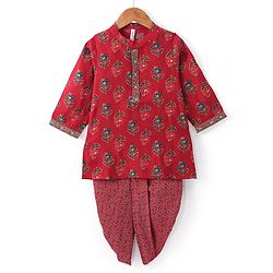Babyhug Cotton Woven Full Sleeves Printed Kurta & Dhoti Set - Red
