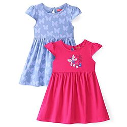 Babyhug 100% Cotton Knit Half Sleeves Frock With Butterfly Print Pack Of 2 - Pink & Blue