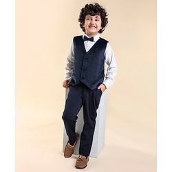 Babyhug Woven Full Sleeves Polka Dot Print Party Suit With Velvet Waist Coat - Navy Blue