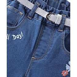 Babyhug Full length Jeans With Stretch with Belt & Floral Embroidery - Blue
