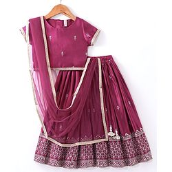 Babyhug Half Sleeves Brocade Choli with Lehenga and Dupatta Set - Maroon main image 0