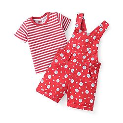 Babyhug 100% Cotton Knit Dungaree and Half Sleeves Tee Set with Stripes - Red