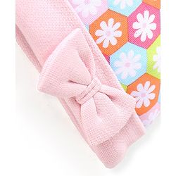 Babyhug 100% Cotton Knit Cap Floral Printed with Bow Applique- Pink
