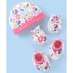 Babyhug 100% Cotton Knit Cap Mittens & Booties Set Abstract Print - Pink