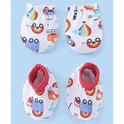 Babyhug Cotton Mittens & Booties Set Vehicles Print - White