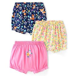 Babyhug 100% Cotton Bloomers Fox & Floral Print Pack of 3- Blue Yellow & Pink