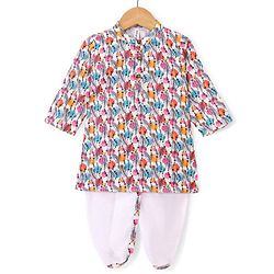 Babyhug 100% Cotton Woven Full Sleeves Feather Printed Kurta Dhoti Set -Multicolour