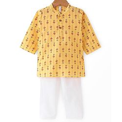 Babyhug 100% Cotton Full Sleeves Kurta & Pyjama Set With Ikat Print - Yellow & White