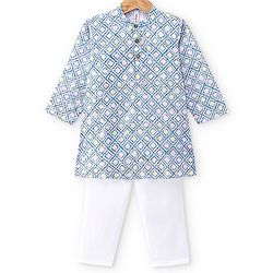 Babyhug 100% Cotton Full Sleeves Kurta & Pyjama Set With Ikat Print & Embroidery - Blue & White