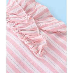 Babyhug Cotton Woven Lurex Sleeveless Striped Top with Frill Detailing - Peach & White