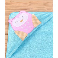 Babyhug Terry Woven Hooded Towel & Wrappers Owl Patch L 76 x B 76 cm - Aqua Blue