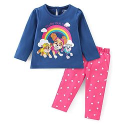 Babyhug Cotton Knit Full Sleeves Night Suit With Paw Patrol Print - Navy Blue & Pink