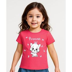 Babyhug Cotton Knit Half Sleeves Kitty Print T-Shirt - Pink