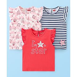 Babyhug 100% Cotton Knit Frill Sleeves Tops Boat Print Pack of 3 - Multicolour