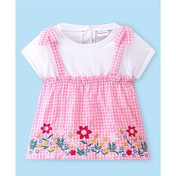 Babyhug 100% Cotton Yarndyed Frill Sleeves Checks Frock with Embroidery Detailing - Pink