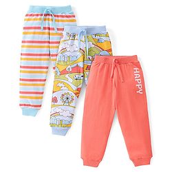 Babyhug Cotton Full Length Lounge Pants Striped Pack of 3 - Pink & Blue