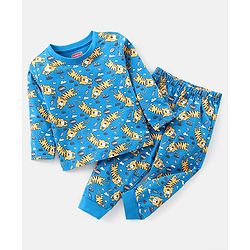 Babyhug Cotton Knit Full Sleeves Night Suit Tiger Print - Blue