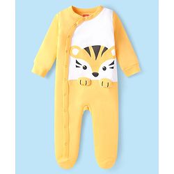 Babyhug Cotton Interlock Knit Full Sleeves Tiger Printed Footed Sleepsuit - Yellow