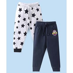 Babyhug Cotton Jersey Knit Full Length Lounge Pants Star Printed Pack of 2 - Grey & Navy Blue