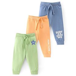 Babyhug Cotton Knit Full Length Lounge Pant With Text Print Pack Of 3 - Orange Green & Blue