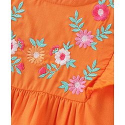 Babyhug Rayon Woven Sleeveless Top with Frill & Floral Embroidery Detailing - Orange
