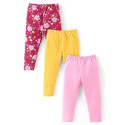 Babyhug Cotton Lycra Knit Full Length Leggings With Strech Floral Print Pack of 3 - Multicolor