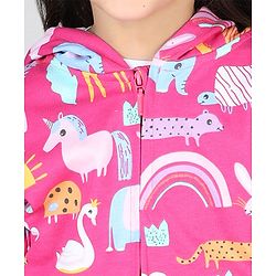 Babyhug Cotton Knit Full Sleeves Front Open Sweatjacket with Hood Animal & Rainbow Print- Pink