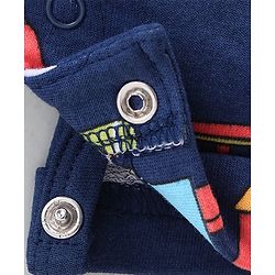 Babyhug 100% Cotton Knit Dungaree & Half Sleeves T-Shirt Set With Vehicle Print - Blue & Red