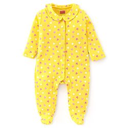 Babyhug Interlock Cotton Knit Full Sleeves Heart Printed Footed Sleepsuit - Yellow