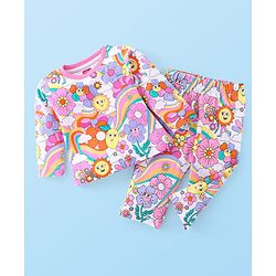 Babyhug Cotton Knit Full Sleeves Night Suit Rainbow Print - White