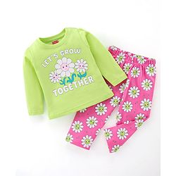 Babyhug Cotton Knit Full Sleeves Night Suit With Floral Print - Green & Pink