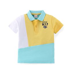 Babyhug Cotton Knit Half Sleeves Cut & Sew with Text Applique Polo T-Shirt - Yellow & Blue