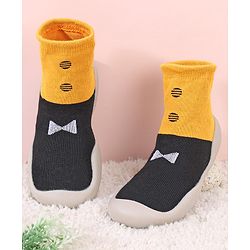 Cute Walk by Babyhug Slip On Sock Shoes Bow Design- Black Yellow & White