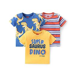 Babyhug 100% Cotton Knit Half Sleeves T-Shirt With Text & Dino Graphics Pack Of 3 - Yellow Blue & Red