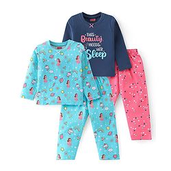 Babyhug Cotton Knit Full Sleeves Night Suits Unicorn & Text Print Pack of 2 - Navy Blue & Pink