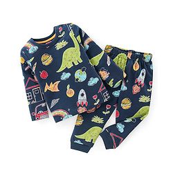 Babyhug Cotton Knit Full Sleeves Night Suit With Dino Print - Navy Blue & Green