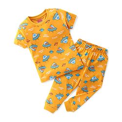 Babyhug Cotton Single Jersey Knit Half Sleeves Night Suit Space Print - Yellow