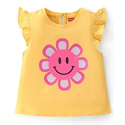 Babyhug Cotton Knit Half Sleeves Top with Frill Detailing & Floral Glitter Print - Yellow