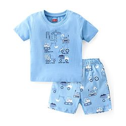 Babyhug Single Jersey Knit Half Sleeves Night Suit Construction Vehicles Printed - Blue