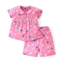Babyhug Cotton Knit Half Sleeves Front Open Night Suit Star Print- Pink